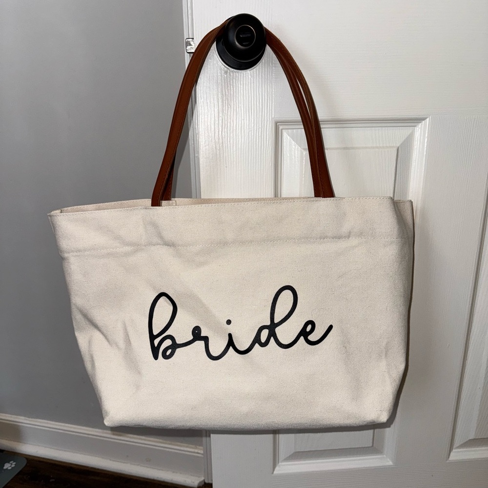 Bride Canvas Tote Bag with Brown Handles